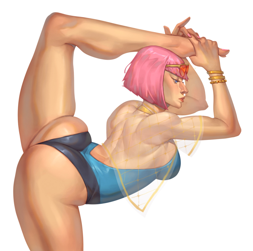 1girl, ass, backless_swimsuit, bare_legs, bob_cut, bracelet, capelet, commentary