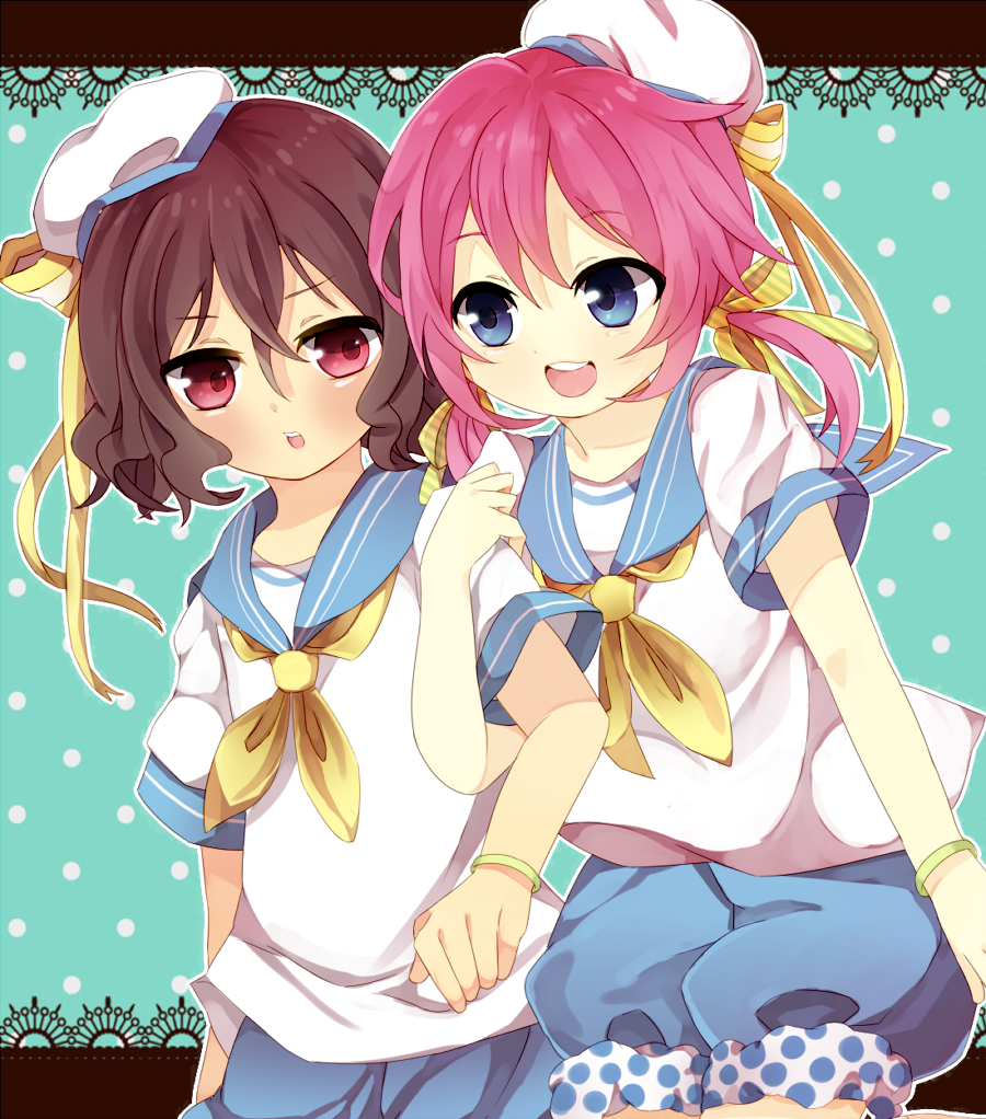 2boys, arm_hug, bad_id, bad_pixiv_id, blue_eyes, blush, brown_hair, inazuma_eleven, inazuma_eleven_(series), inazuma_eleven_go, kirino_ranmaru, low_twintails, male_focus, multiple_boys, open_mouth, pink_hair, red_eyes, ribbon, sailor, shindou_takuto, short_hair, smile, tamana, trap, twintails