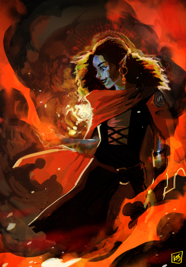 1girl, black_hair, blue_skin, cloak, colored_skin, curly_hair, dress, earrings