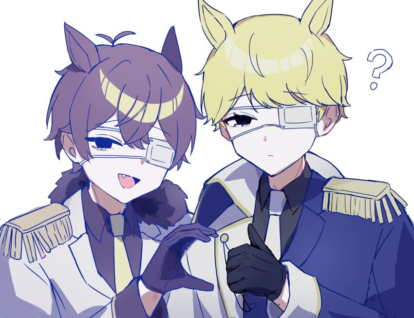 2boys, ?, absurdres, alternate_costume, animal_ears, black_gloves, blonde_hair, blue_jacket