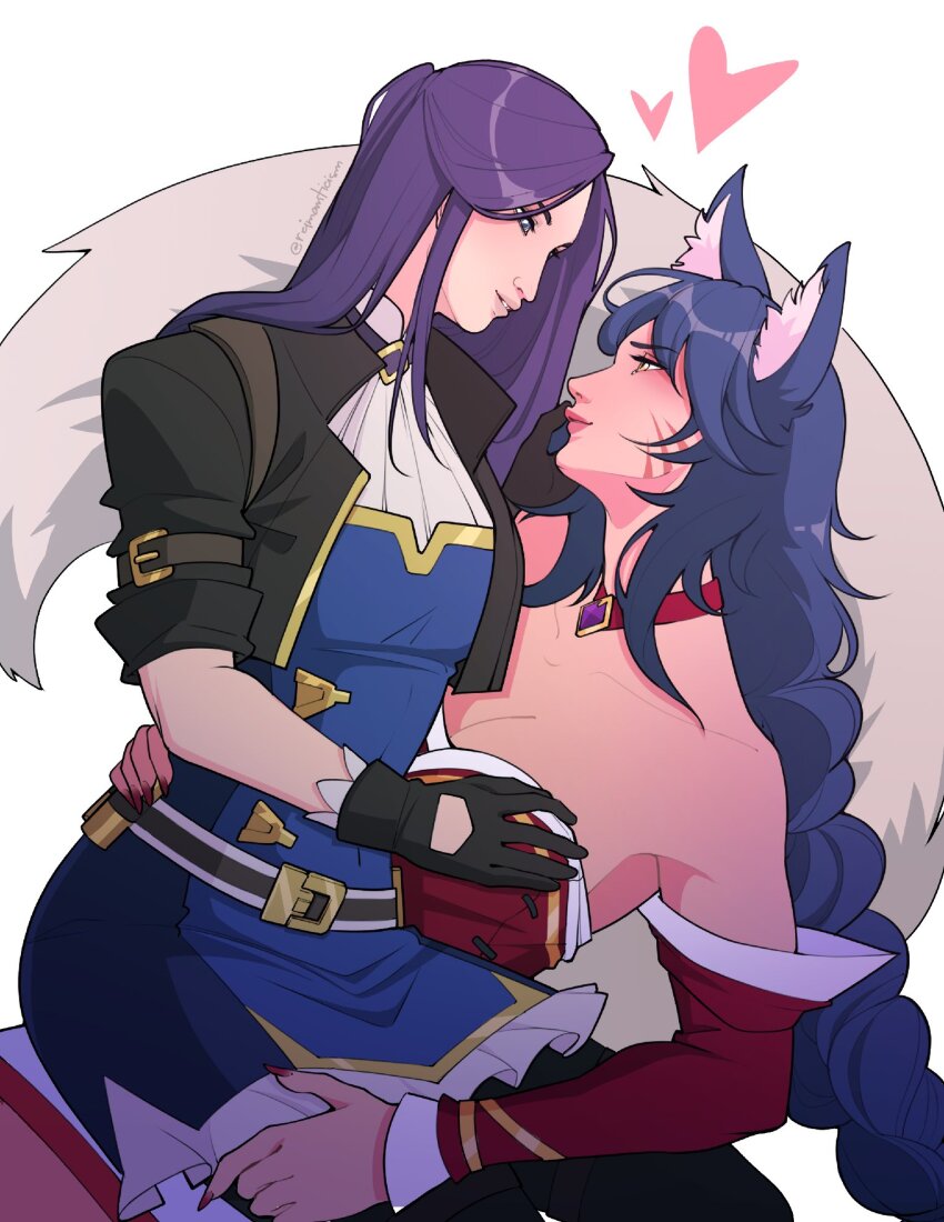 2girls, 2xko, ahri_(league_of_legends), animal_ears, bare_shoulders, blue_eyes, blue_hair, blush