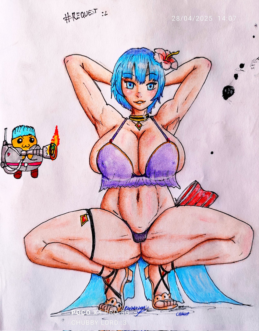 1girl, armpits, artist_self-insert, bikini, blue_eyes, blue_hair, breasts, chubbylord