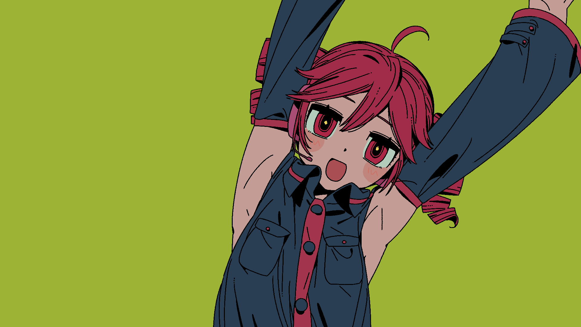 1girl, ahoge, armpits, arms_up, black_shirt, blush_stickers, breast_pocket, collared_shirt, detached_sleeves, dress, drill_hair, green_background, hashtag-only_commentary, headphones, headset, highres, kasane_teto, kasane_teto_(utau), leaning_to_the_side, open_mouth, pocket, red_eyes, red_hair, shirt, short_hair, simple_background, sleeveless, sleeveless_dress, sleeveless_shirt, solo, twin_drills, upper_body, utau, yugu_(yugu2000)