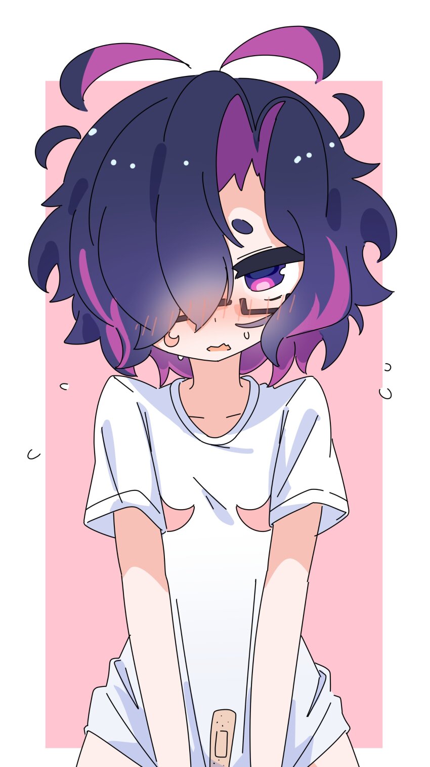 1girl, blush, breasts, cleavage, ferumon, flat_chest, glasses, moon_print