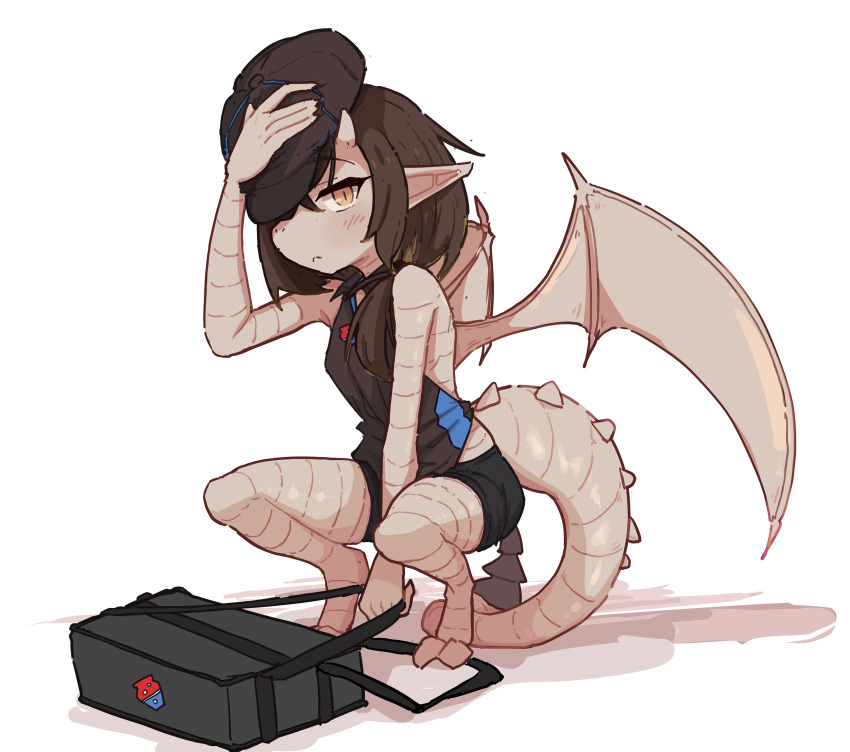 1girl, absurdres, adjusting_clothes, adjusting_headwear, bag, between_legs, black_hair, black_shirt, black_shorts, blush, breasts, brown_eyes, colored_skin, commentary, deadlock_(game), domino's_pizza, gargoyle, grey_skin, hand_between_legs, handbag, hat, highres, ivy_(deadlock), light_frown, newsboy_cap, pointy_ears, risonakamo, shirt, short_shorts, shorts, small_breasts, solo, squatting, tail, white_background, wings