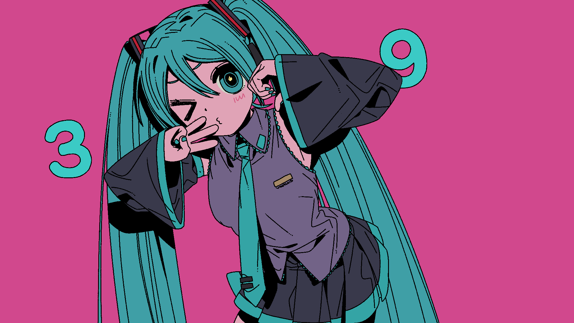 >_o, 1girl, :3, aqua_eyes, aqua_hair, aqua_nails, aqua_necktie, black_skirt, blush, breasts, detached_sleeves, grey_shirt, hashtag-only_commentary, hatsune_miku, highres, leaning_to_the_side, long_hair, looking_at_viewer, miku_day, necktie, one_eye_closed, pink_background, shirt, skirt, sleeveless, sleeveless_shirt, small_breasts, solo, twintails, upper_body, very_long_hair, vocaloid, w, yugu_(yugu2000)