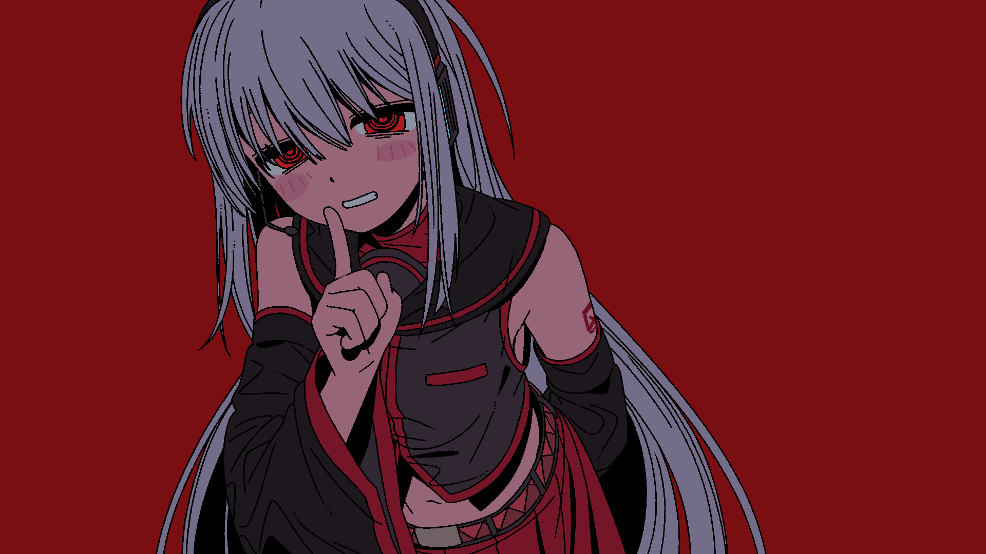 1girl, arm_behind_back, arm_tattoo, bare_shoulders, belt, blush_stickers, breasts, commentary_request