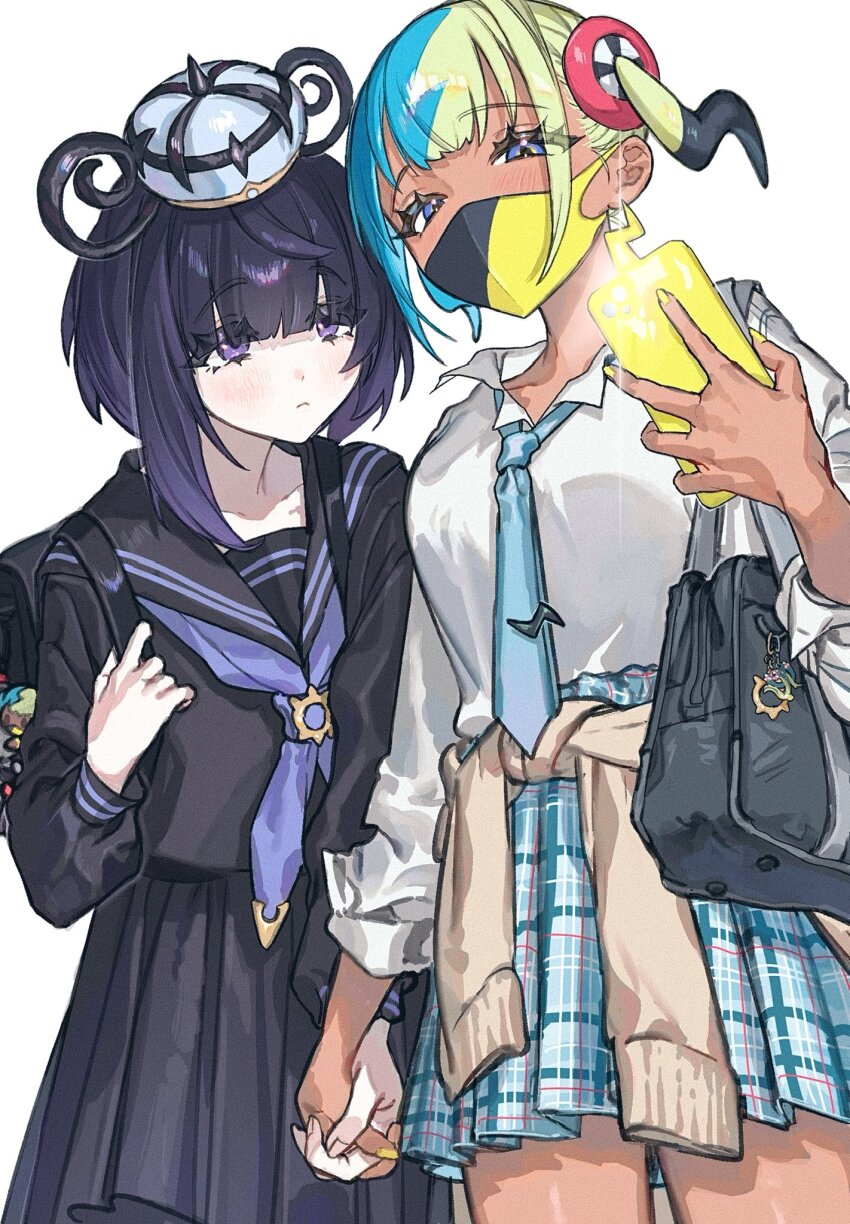2girls, alternate_costume, aqua_hair, backpack, bag, black_bag, black_hair, black_sailor_collar, black_serafuku, black_shirt, black_skirt, blonde_hair, blue_neckerchief, blue_necktie, blush, bob_cut, camera_flash, canari_(pokemon), cellphone, character_charm, charm_(object), closed_mouth, clothes_around_waist, collared_shirt, commentary_request, dark-skinned_female, dark_skin, eelektross, eyelashes, gen_4_pokemon, gen_5_pokemon, gwynn_(pokemon), hat, highres, hisato_00, holding, holding_hands, holding_phone, interlocked_fingers, long_sleeves, looking_at_viewer, mask, mouth_mask, multicolored_hair, multiple_girls, neckerchief, necktie, nintendo, phone, plaid_clothes, plaid_skirt, pleated_skirt, pokemon, pokemon_legends:_z-a, purple_eyes, purple_hair, rotom, rotom_phone, sailor_collar, school_bag, school_uniform, serafuku, shirt, short_hair, skirt, smartphone, split-color_hair, sweater, sweater_around_waist, twintails, white_background, white_shirt, yellow_nails, yuri