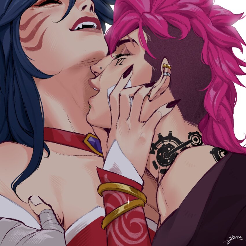 2girls, 2xko, ahri_(league_of_legends), bare_shoulders, black_hair, blush, breasts, choker