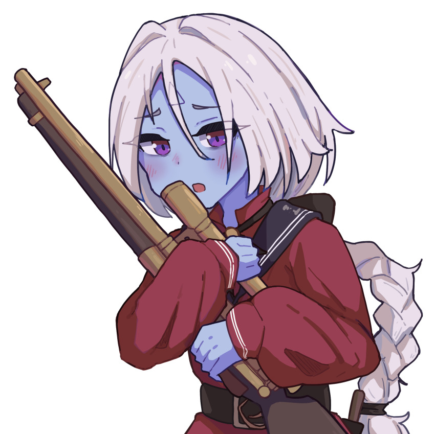 1girl, :o, belt, blue_skin, blush, braid, braided_ponytail, colored_skin