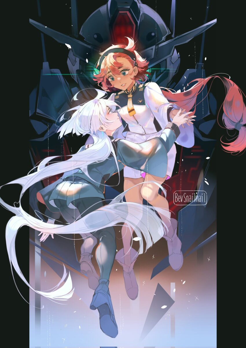 2girls, ahoge, artist_name, asticassia_school_uniform, bevsnailmail, black_hairband, black_pantyhose, blunt_ends