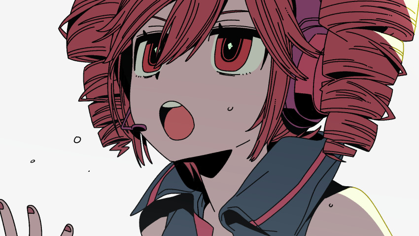 1girl, bare_shoulders, black_shirt, close-up, collared_shirt, drill_hair, hair_between_eyes, hashtag-only_commentary