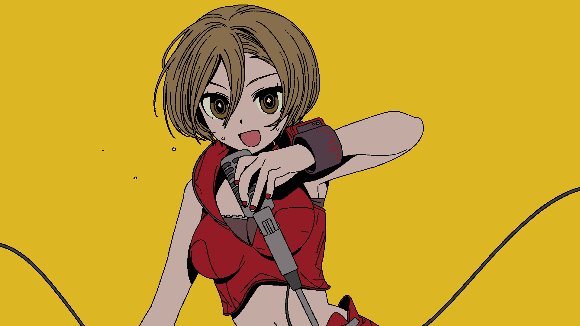 1girl, bandeau, bare_shoulders, bob_cut, brown_eyes, brown_hair, cable, commentary_request