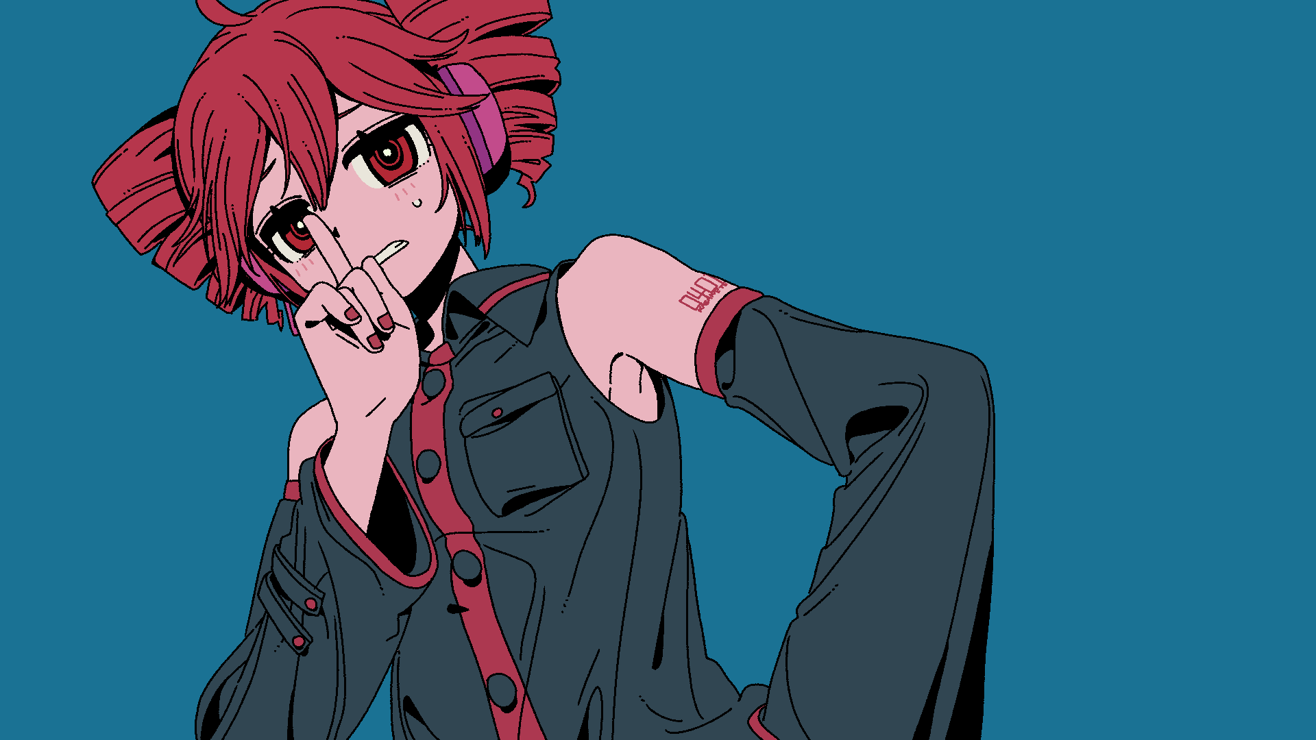 1girl, ahoge, arm_tattoo, bare_shoulders, black_shirt, blue_background, clenched_teeth, collared_shirt, detached_sleeves, drill_hair, hashtag-only_commentary, headphones, headset, highres, index_finger_raised, kasane_teto, kasane_teto_(utau), looking_at_viewer, red_eyes, red_hair, shirt, short_hair, simple_background, sleeveless, sleeveless_shirt, solo, sweatdrop, tattoo, teeth, twin_drills, utau, yugu_(yugu2000)