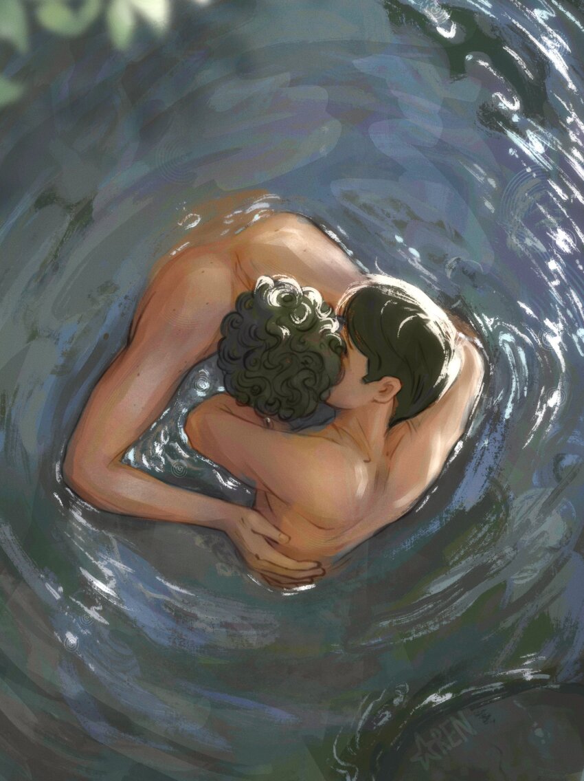2boys, black_hair, brown_hair, commentary, dprkives, english_commentary, from_above, hand_on_another's_back, heated_rivalry, highres, ilya_rozanov, kiss, leaf, male_focus, multiple_boys, nude, outdoors, partially_submerged, plant, ripples, shane_hollander, water, wavy_hair, yaoi