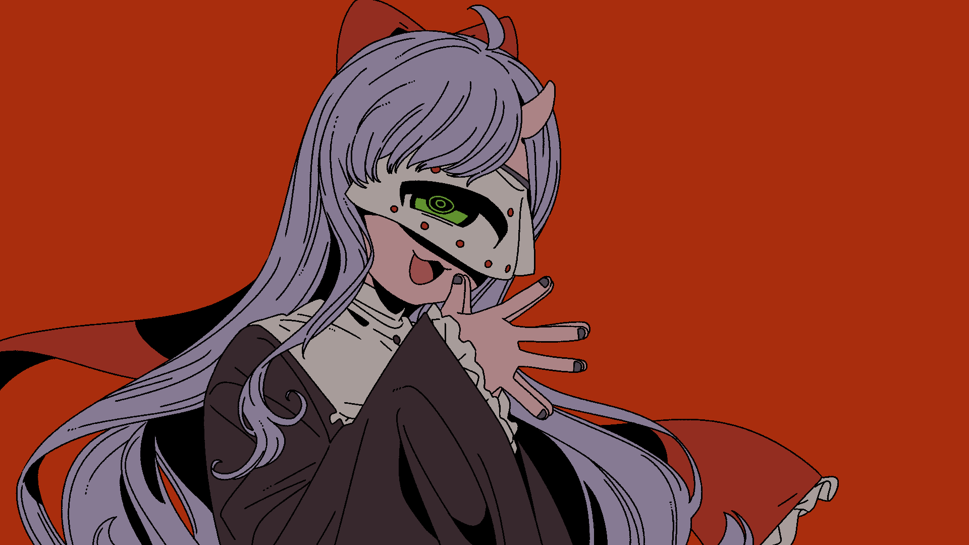 1girl, ahoge, black_kimono, black_nails, bow, commentary_request, facing_viewer, hair_bow