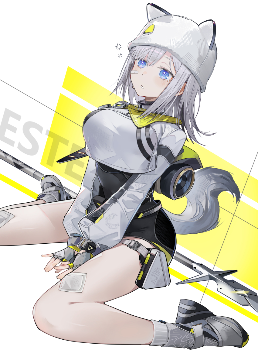 1girl, absurdres, animal_hat, ankle_socks, arknights, arknights:_endfield, bandaid, bandaid_on_cheek