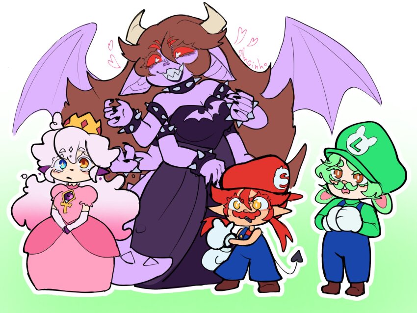 angi_nho, animal_ears, ankh, armlet, arthropod_girl, bat_ears, blue_eyes, blue_overalls, bowsette, bowsette_(cosplay), bracelet, breasts, brown_hair, carol_(lilum), cleavage, collar, colored_sclera, colored_skin, commentary, cosplay, crown, dante_will, dante_will_(spider), demon_tail, dress, extra_arms, extra_eyes, facial_hair, fingernails, gloves, green_hair, green_hat, hat, heterochromia, highres, horns, indie_virtual_youtuber, insect_girl, jewelry, large_breasts, long_hair, long_sleeves, looking_at_viewer, lucky_(dante_will), luigi, luigi_(cosplay), mario, mario_(cosplay), mario_(series), monster_girl, mustache, nintendo, open_mouth, orange_eyes, overalls, pink_dress, pink_hair, pointy_ears, portuguese_text, princess_peach, princess_peach_(cosplay), puffy_sleeves, purple_skin, rabbit_ears, red_hair, red_hat, red_sclera, red_shirt, sharp_fingernails, shirt, short_hair, simple_background, slime_girl, smile, sombra_(dante_will), spider_girl, spiked_armlet, spiked_collar, spiked_tail, spikes, strapless, strapless_dress, super_mario_64, tail, chest_eye, virtual_youtuber, white_gloves, wings, yellow_eyes