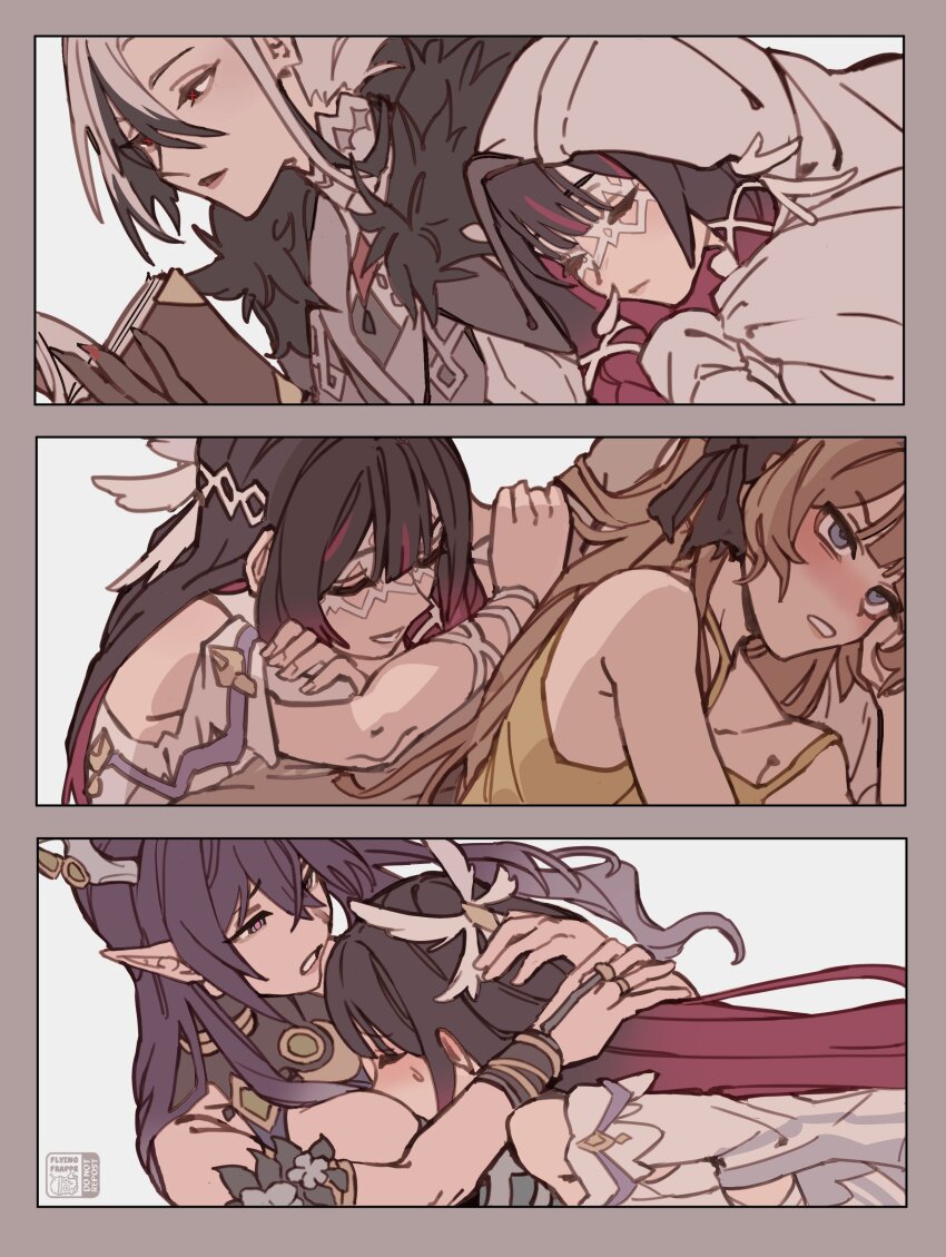 4girls, absurdres, antler_ornament, antlers, aqua_dress, arlecchino_(genshin_impact), armlet, armpit_crease