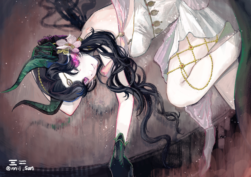 1girl, anjo_nala, anjo_nala_(forbidden_fruit), artist_name, black_hair, brown_background, closed_mouth, demon_girl