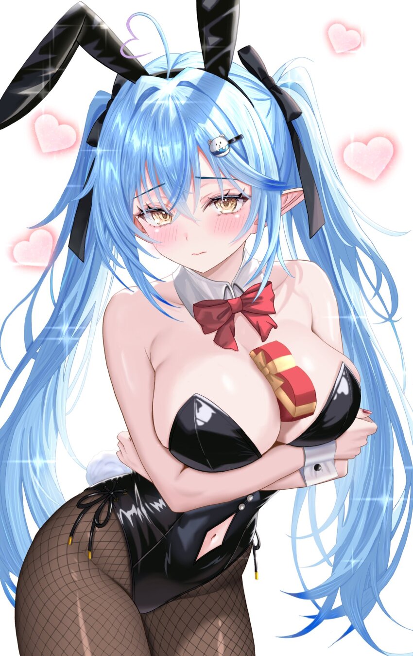 1girl, ahoge, animal_ears, bare_shoulders, black_leotard, black_pantyhose, blue_hair, blush