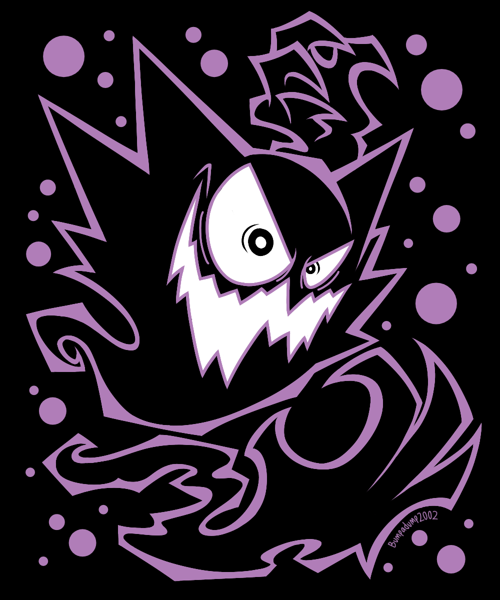 artist_name, black_background, bumpadump2002, commentary, english_commentary, evil_eyes, evil_smile, full_body, gen_1_pokemon, haunter, highres, nintendo, no_humans, open_mouth, pokemon, pokemon_(creature), pokemon_focus, pokemon_red/green/blue/yellow, rayman_limbs, simple_background, smile, solo