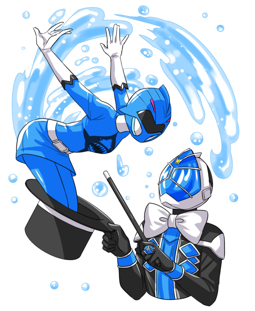 1boy, 1girl, armor, belt, blue_armor, bodysuit, bow, bowtie