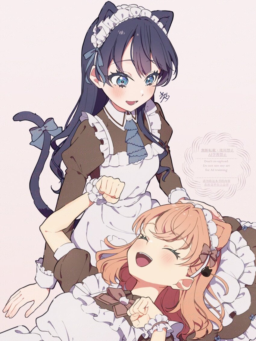 2girls, :d, ^_^, apron, ascot, blue_ascot, blue_bow, blue_eyes