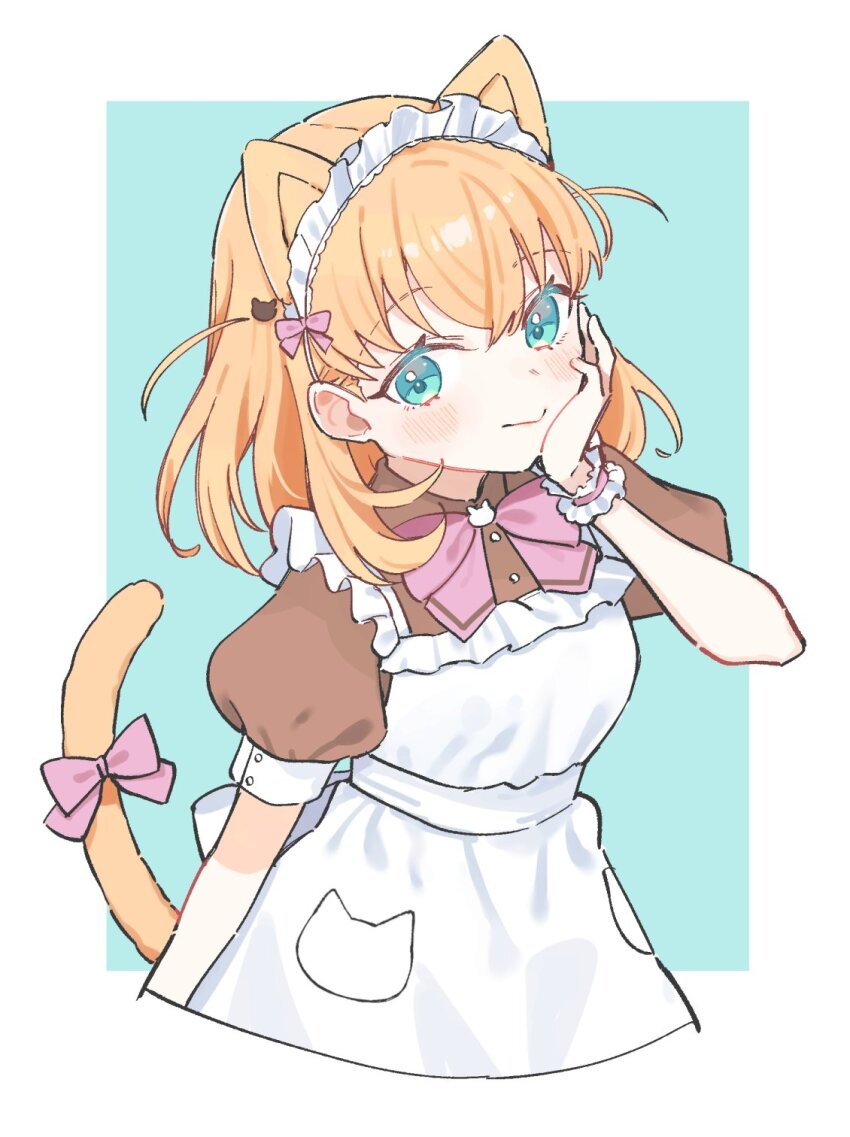 1girl, animal_ears, apron, aqua_eyes, blush, bow, bowtie, brown_dress