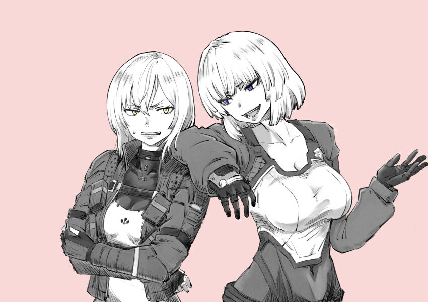 2025, 2girls, absurdres, annoyed, arm_guards, arm_on_another's_shoulder, black_gloves, breasts