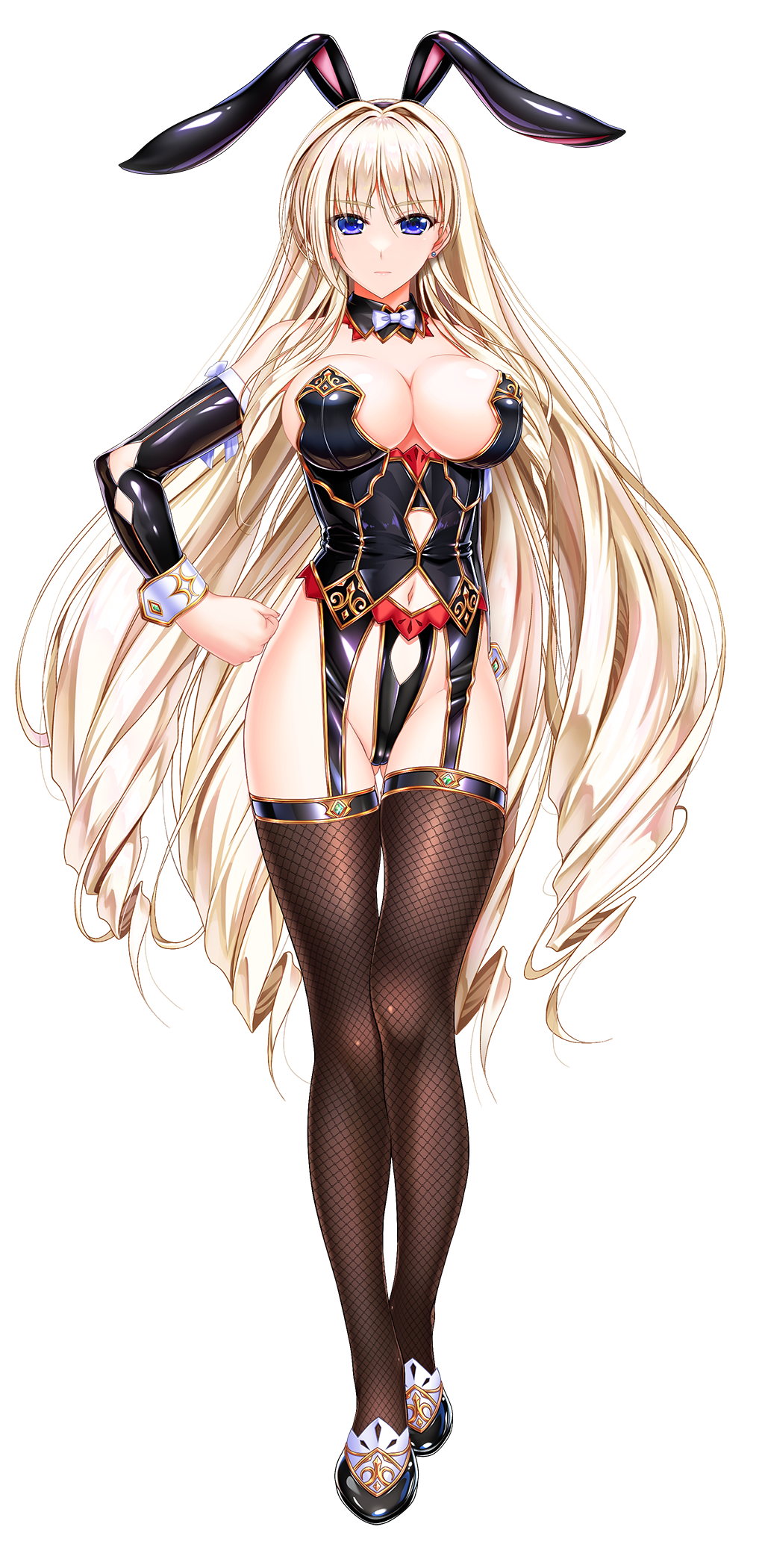1girl, animal_ears, blonde_hair, blue_eyes, breasts, clothing_cutout, detached_collar, detached_sleeves, earrings, fishnet_leggings, fishnets, garter_belt, garter_straps, hand_on_own_hip, highres, jewelry, large_breasts, looking_at_viewer, navel, navel_cutout, official_alternate_costume, official_art, playboy_bunny, rabbit_ears, serious, silveria_leodiehl, unionism_quartet, unionism_quartet_b2-style, wrist_cuffs