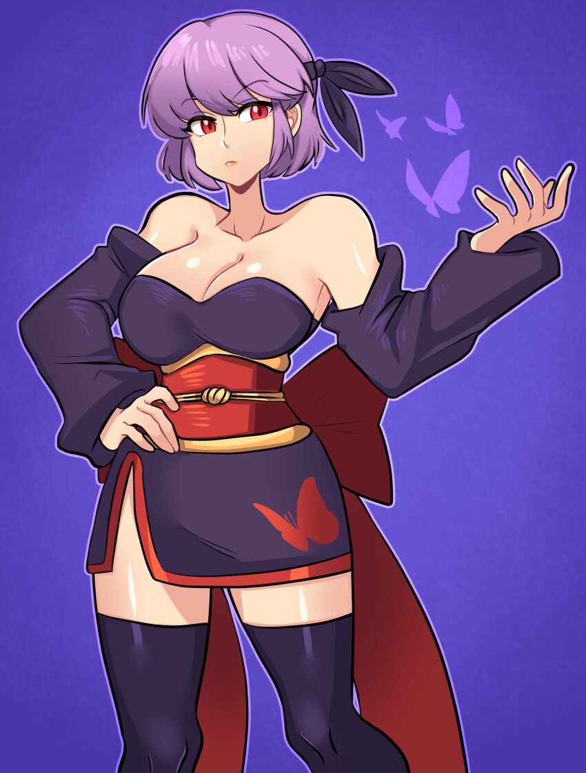 1girl, absurdres, ayane_(doa), bare_shoulders, bilingual_commentary, black_thighhighs, breasts, bug