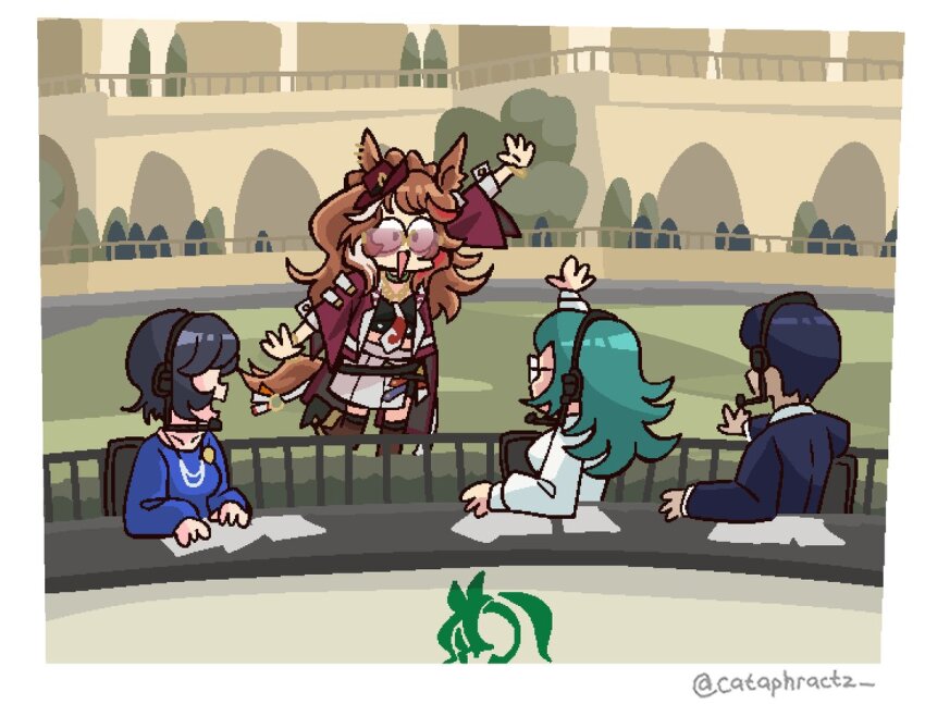 1boy, 3girls, akasaka_misato, aqua_hair, black_boots, black_hair, black_jacket, blue_shirt