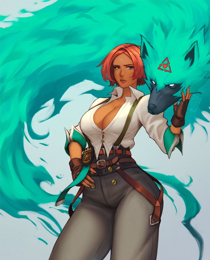 1girl, astrubalart, black_pants, blue_eyes, breasts, brown_gloves, cleavage, closed_mouth