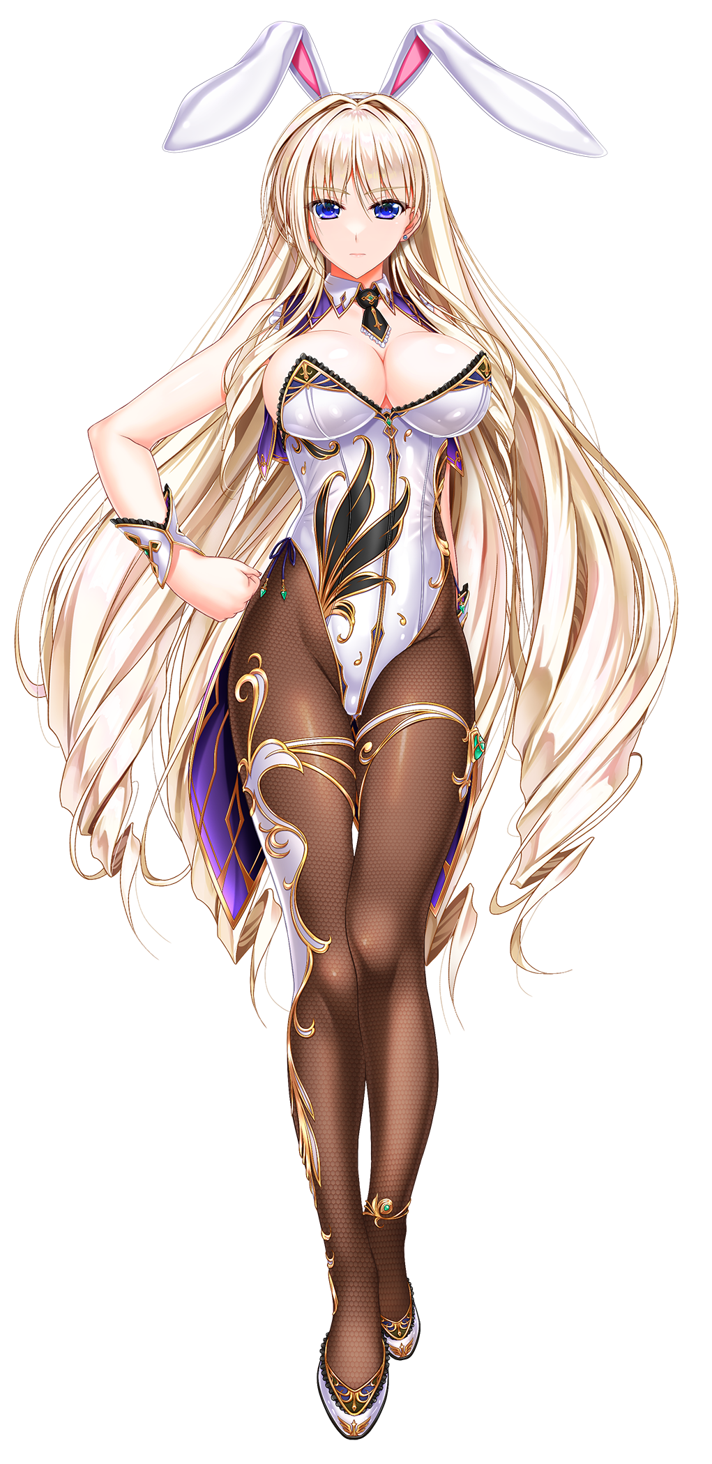 1girl, animal_ears, bare_shoulders, blonde_hair, blue_eyes, breasts, cleavage, detached_collar