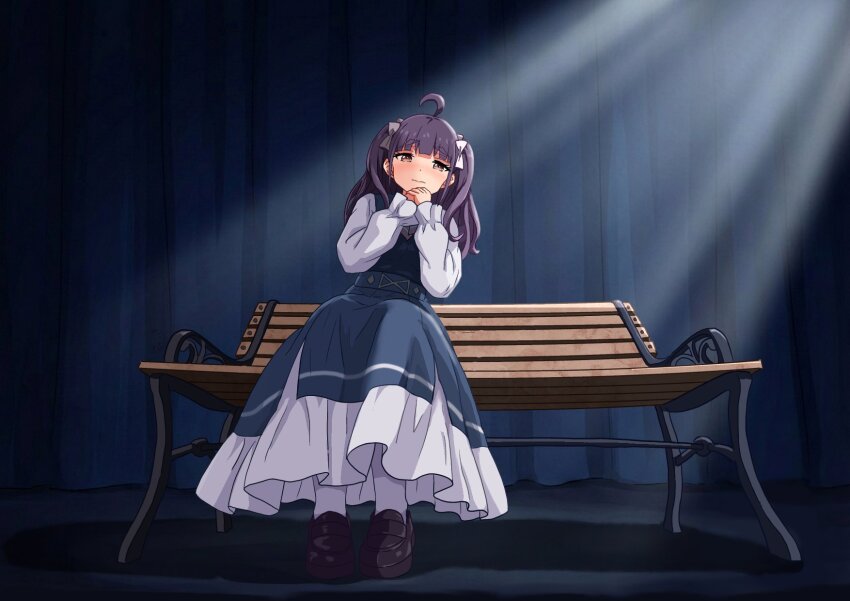 1girl, ahoge, black_shoes, blue_dress, blunt_bangs, blush, bow, brown_eyes, chofu_noriko, closed_mouth, commentary_request, donguri_chitta, dress, frilled_dress, frills, full_body, hair_bow, highres, ikizulive!_love_live!_bluebird, light_rays, loafers, long_dress, long_sleeves, love_high_school_uniform, love_live!, on_bench, own_hands_clasped, own_hands_together, pantyhose, purple_hair, school_uniform, shirt, shoes, sidelocks, sitting, solo, two_side_up, white_bow, white_pantyhose, white_shirt