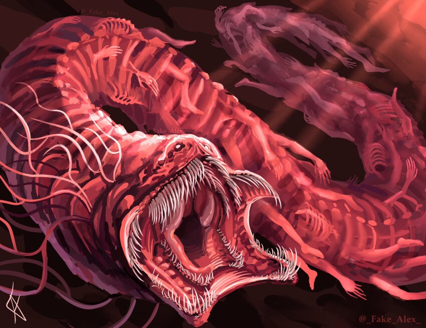 animal_focus, bifurcated_jaw, commentary, creature, eldritch_abomination, empty_eyes, english_commentary, extra_arms, extra_legs, fake_alex, highres, horror_(theme), iron_lung_(movie), no_humans, open_mouth, ribs, skeleton, tendril, too_many_hands, too_many_teeth, white_eyes