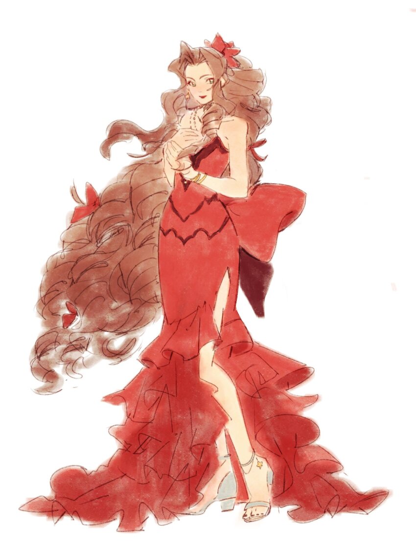 1girl, aerith_gainsborough, aerith_gainsborough_(red_dress), anklet, back_bow, bare_shoulders, bow, bracelet, breasts, brown_hair, commentary, dress, earrings, english_commentary, final_fantasy, final_fantasy_vii, final_fantasy_vii_remake, flamenco_dress, flower, frilled_dress, frills, full_body, gold_bracelet, green_eyes, grey_shoes, hair_flower, hair_ornament, hand_on_own_chest, high_heel_sandals, high_heels, highres, jewelry, light_smile, long_dress, long_hair, medium_breasts, mmariesr, multiple_necklaces, nail_polish, necklace, official_alternate_costume, open-toe_shoes, parted_bangs, ponytail, red_dress, red_flower, red_lips, red_nails, ringlets, sandals, shoes, side_slit, sidelocks, solo, standing, strapless, strapless_dress, toenail_polish, toenails, wavy_hair, white_background