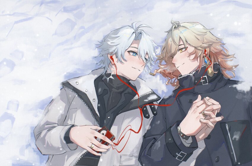 2boys, alternate_costume, antenna_hair, arm_tattoo, black_jacket, black_shirt, black_sweater, blonde_hair