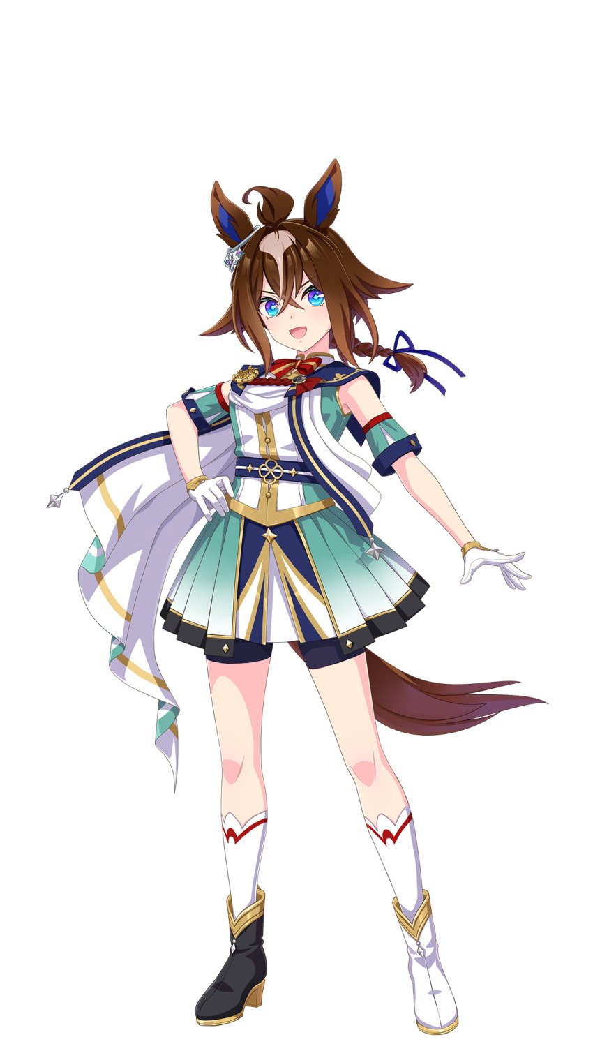 1girl, animal_ears, asymmetrical_footwear, blue_eyes, blush, braid, braided_ponytail, breasts