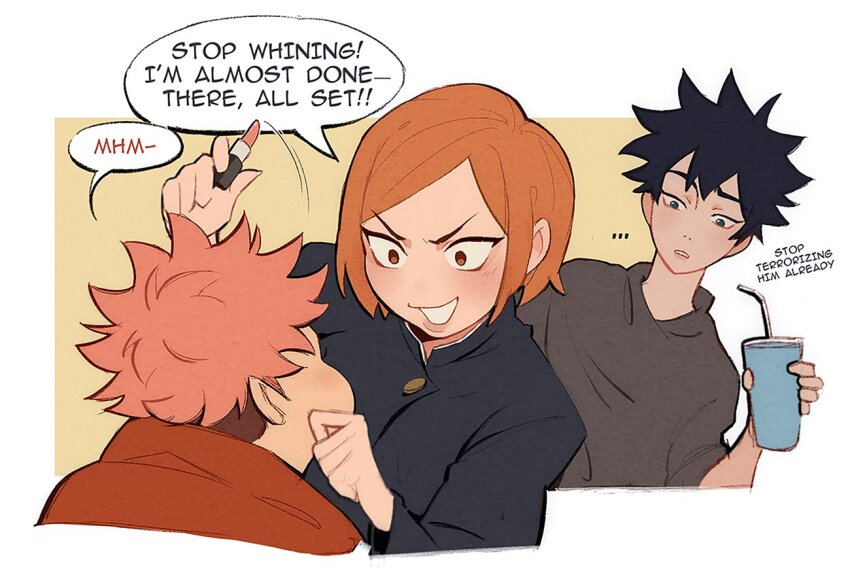 1girl, 2boys, forced_feminization, fushiguro_megumi, itadori_yuji, jujutsu_kaisen, kugisaki_nobara, makeup