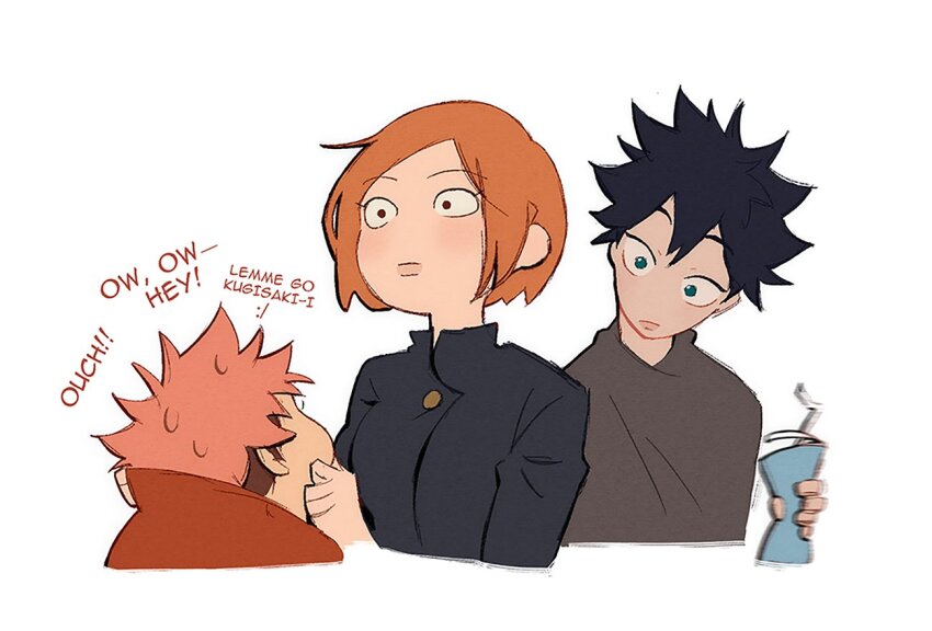 1girl, 2boys, forced_feminization, fushiguro_megumi, itadori_yuji, jujutsu_kaisen, kugisaki_nobara, makeup
