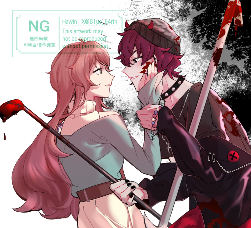 1boy, 1girl, b1ue_e4rth, beanie, belt, black_jacket, black_shirt, blood