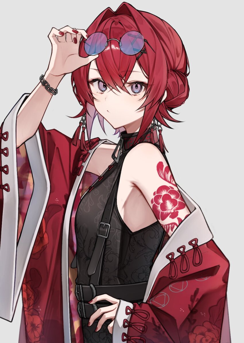 1girl, adjusting_eyewear, ange_katrina, ange_katrina_(china_dress), arm_tattoo, arm_up, armpit_crease, bare_shoulders