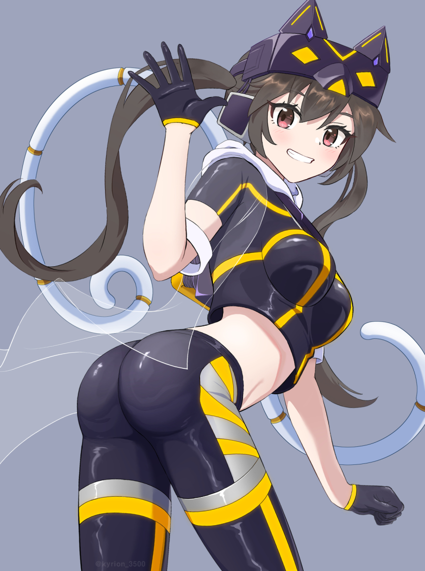 1girl, ass, black_gloves, blush, breasts, brown_eyes, brown_hair, cat_mask