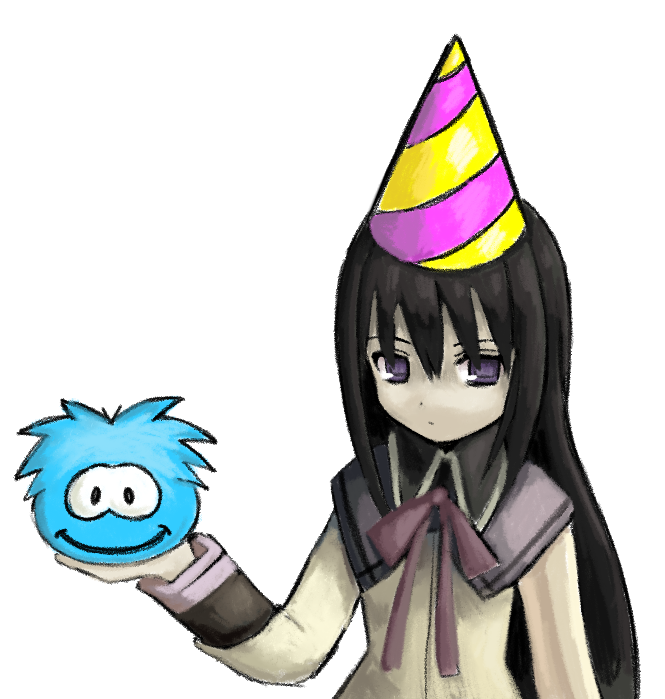 1girl, akemi_homura, akemi_homura_(magical_girl), black_hair, club_penguin, commentary, creature, english_commentary