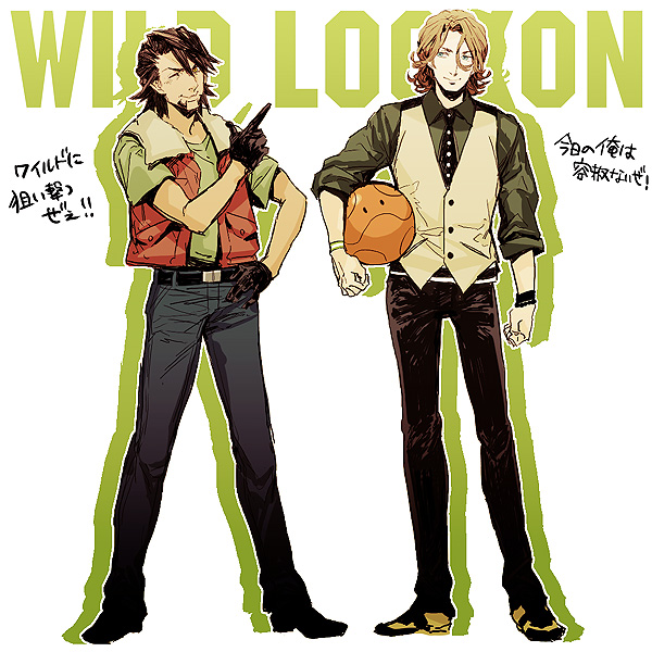 2boys, bad_id, bad_pixiv_id, bracelet, brown_hair, cosplay, costume_switch, crossover, facial_hair, gloves, green_eyes, gundam, gundam_00, haro, jewelry, kaburagi_t._kotetsu, kaburagi_t_kotetsu_(cosplay), lockon_stratos, lockon_stratos_(cosplay), male_focus, multiple_boys, necktie, neil_dylandy, pointing, shirahama_kamome, short_hair, stubble, tiger_&amp;_bunny, vest, waistcoat, watch, wristwatch