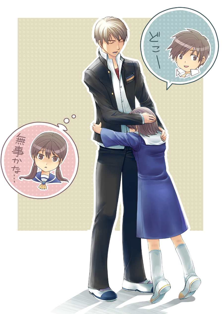 2boys, 2girls, blonde_hair, brown_eyes, brown_hair, closed_eyes, corpse_party, hairband, hand_on_another's_head, highres, hug, kishinuma_yoshiki, minamino_akari, mochida_satoshi, mochida_yuka, multiple_boys, multiple_girls, school_dress, school_uniform, shinozaki_ayumi, short_hair, speech_bubble, thought_bubble, twintails