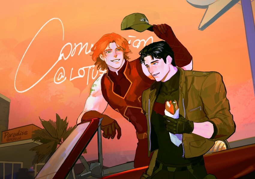 arsenal_(dc), batman_(series), batman_symbol, black_bodysuit, black_hair, blue_eyes, bodysuit, brown_jacket