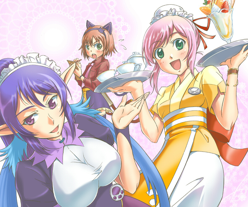 00s, 3girls, :o, alternate_costume, animal_ears, blue_hair, brown_hair, cat_ears